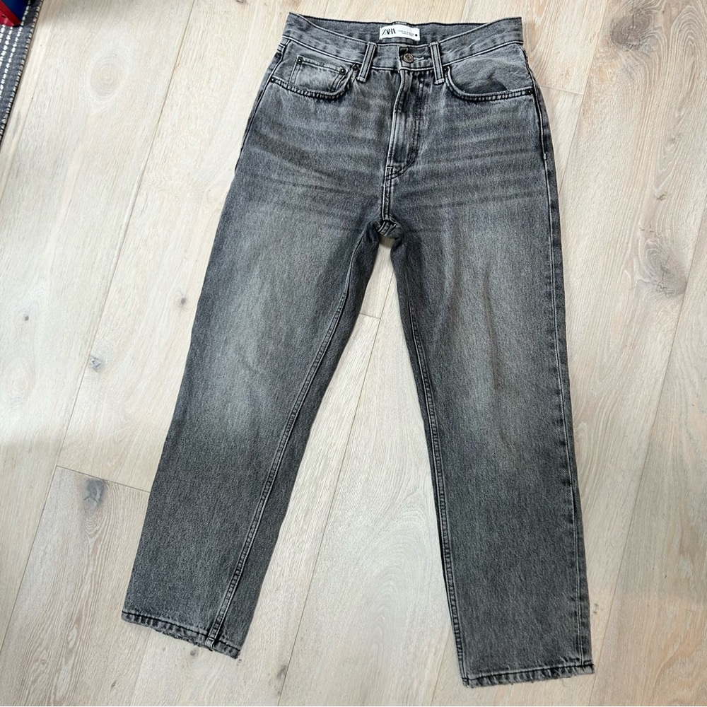 Zara Black Straight Jeans High-Rise Rigid Denim